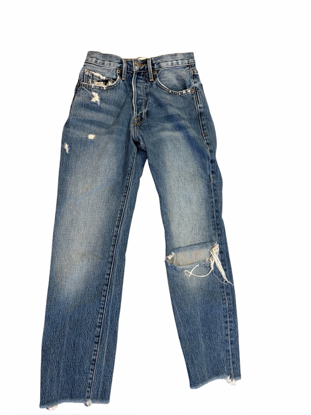 Frame Le Original High Rise Button Fly Jeans Distressed Raw Hem Ripped
